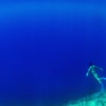 blue, girl, snorkel, flippers, underwater, underwater cliff, at the edge, darkness