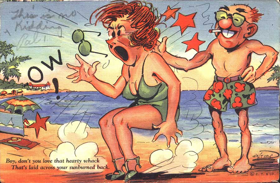 sunburn, ouch, painful sunburn, skin cancer, funny, vintage, postcard, sea, fun in the sun, ocean