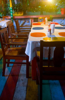 table, long table, dinner, colourful, playful, restaurant, tropical