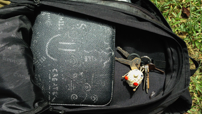 camera bag, open bag, canon bag, keys