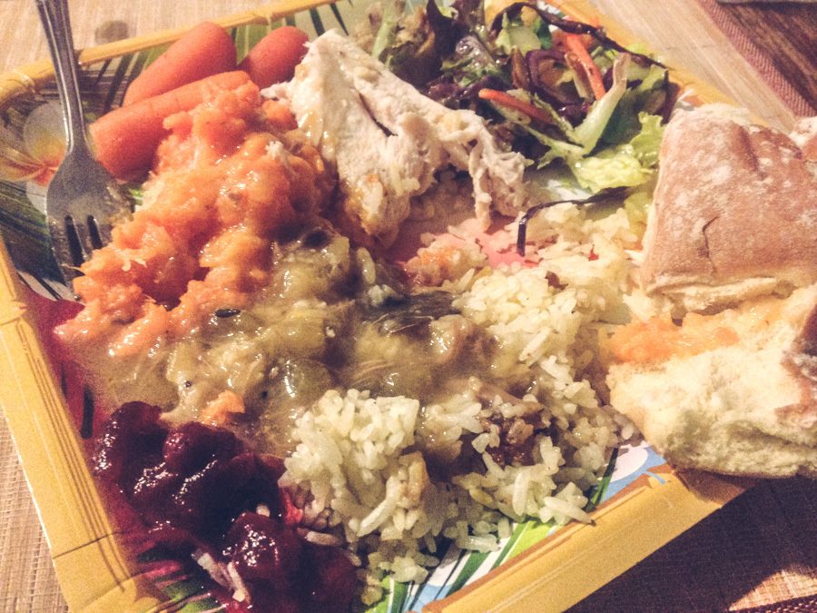 astoria, thanksgiving, paper plate, amazing, delicious, homeless, free meal, cranberry sauce, carrots, rice, turkey, turkey dinner, roll, gravy, yum, http://wetravelandblogcom